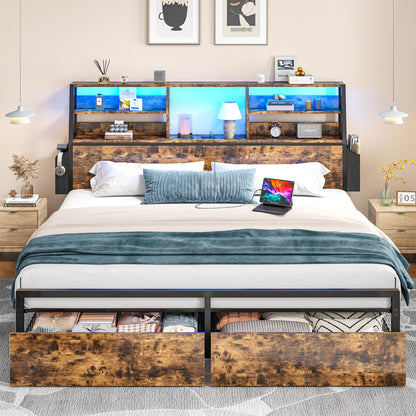 Metal Wood Platform Bed Frame with Headboard & Heavy Duty Support Slats