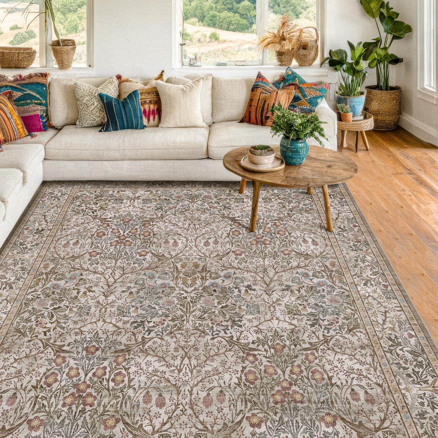 Vintage Washable Area Rug with Non-Slip Low Pile Design for Home Decor