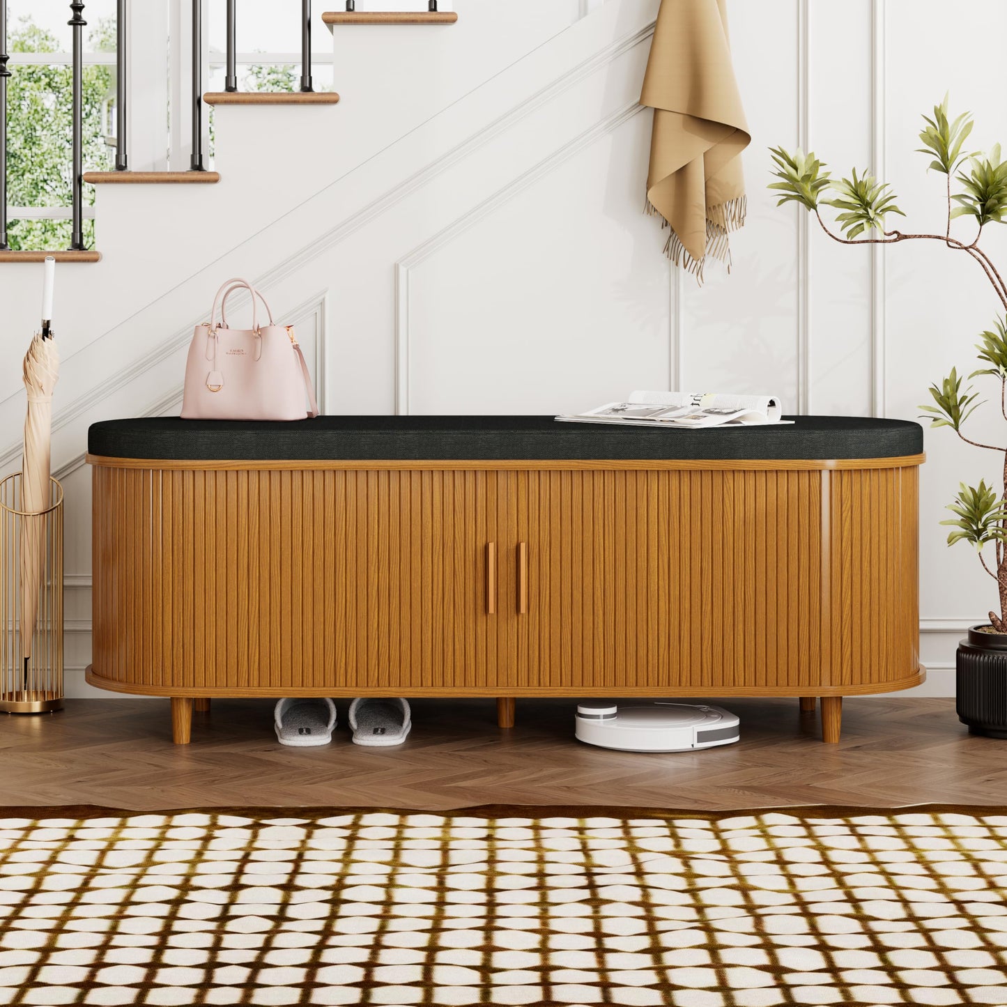 2-Tier Shoe Storage Bench with Padded Seat & Fluted Sliding Doors for Entryway