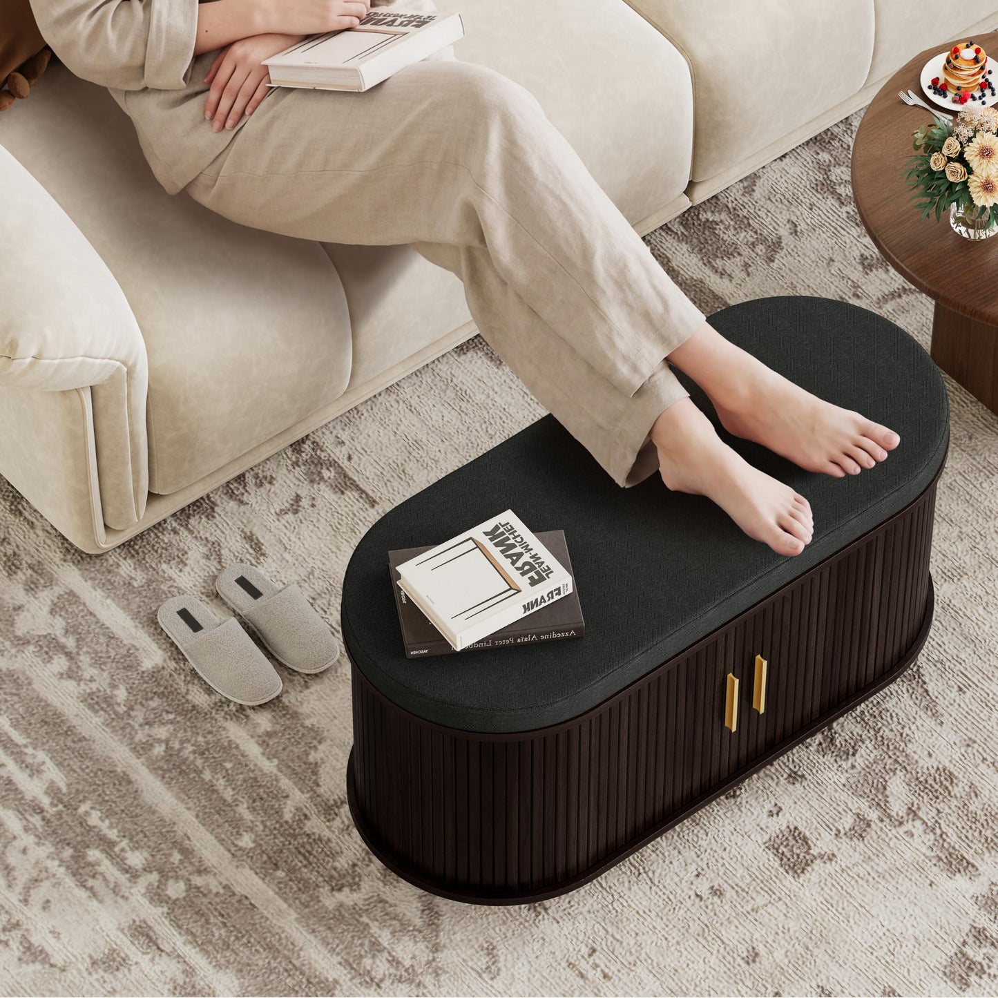2-Tier Shoe Storage Bench with Padded Seat & Fluted Sliding Doors for Entryway