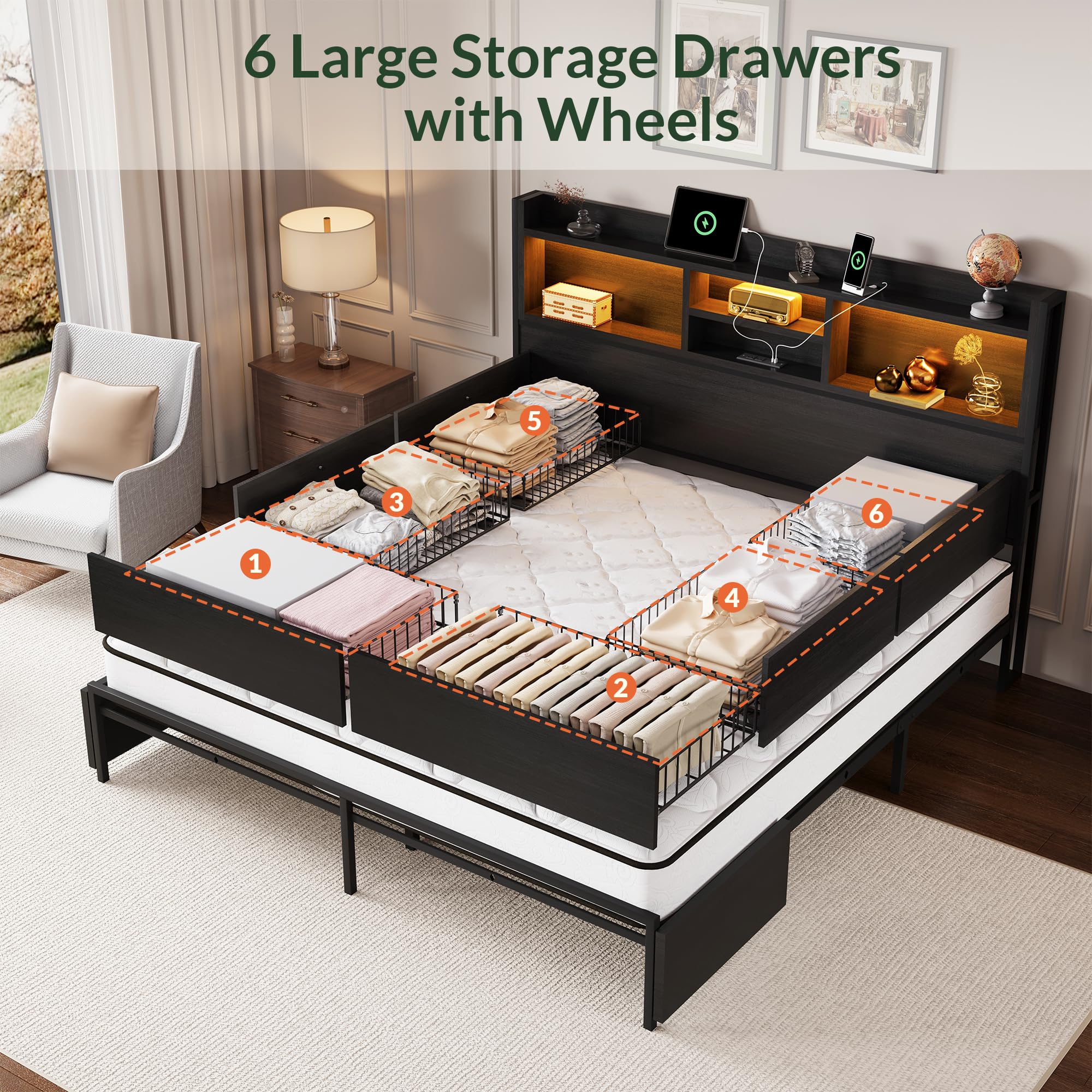 Wooden Platform Bed Frame with Storage Drawers, LED Headboard & Charging Station