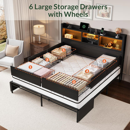 Wooden Platform Bed Frame with Storage Drawers, LED Headboard & Charging Station