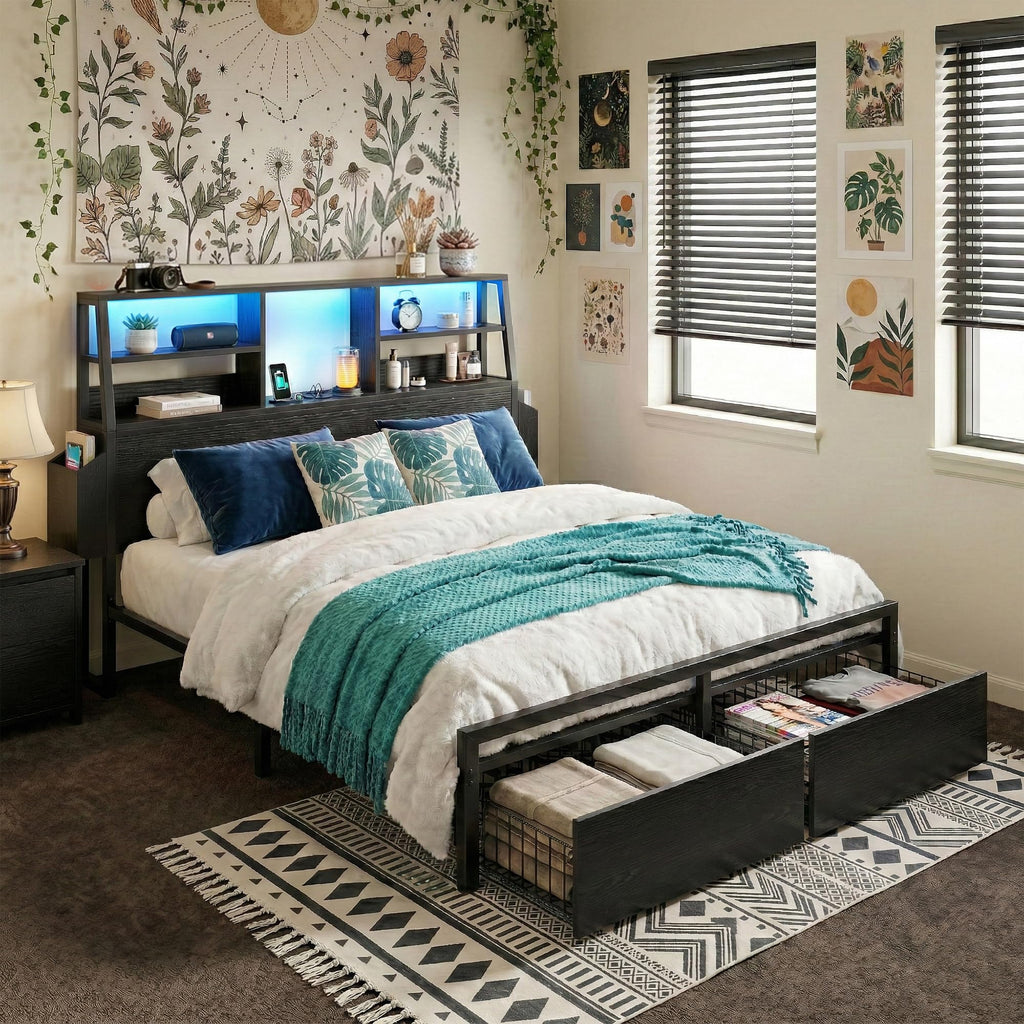 Metal Wood Platform Bed Frame with Headboard & Heavy Duty Support Slats