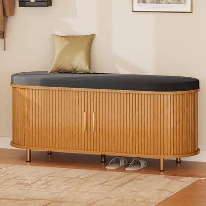 2-Tier Shoe Storage Bench with Padded Seat & Fluted Sliding Doors for Entryway