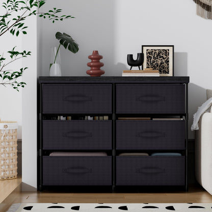 Metal Frame Storage Dresser with Fabric Drawers and Wood Top Shelf