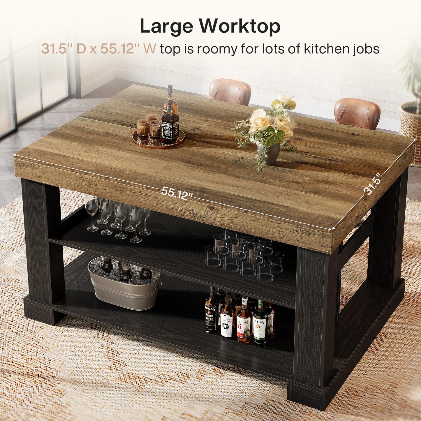 Farmhouse Kitchen Island with Storage Shelves and Large Worktop