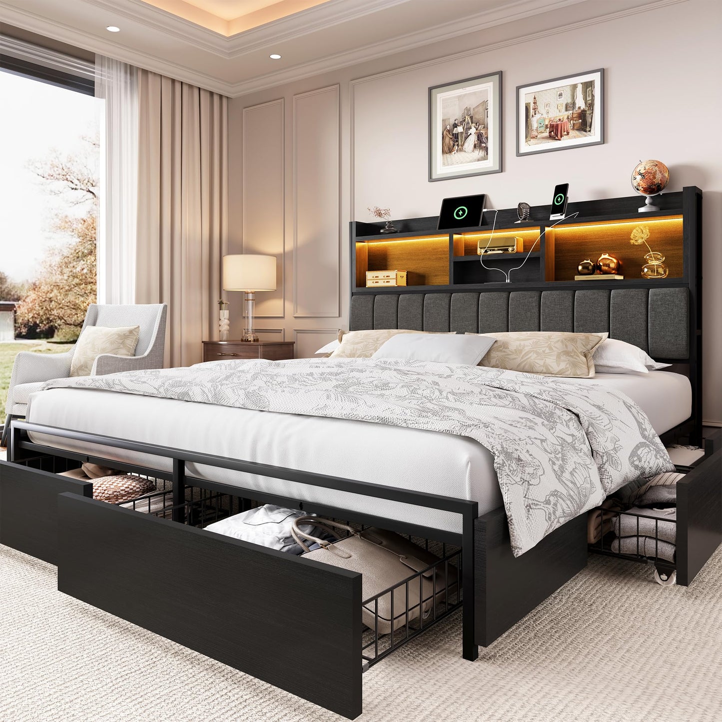 Wooden Platform Bed Frame with Storage Drawers, LED Headboard & Charging Station