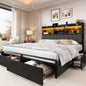 Wooden Platform Bed Frame with Storage Drawers, LED Headboard & Charging Station