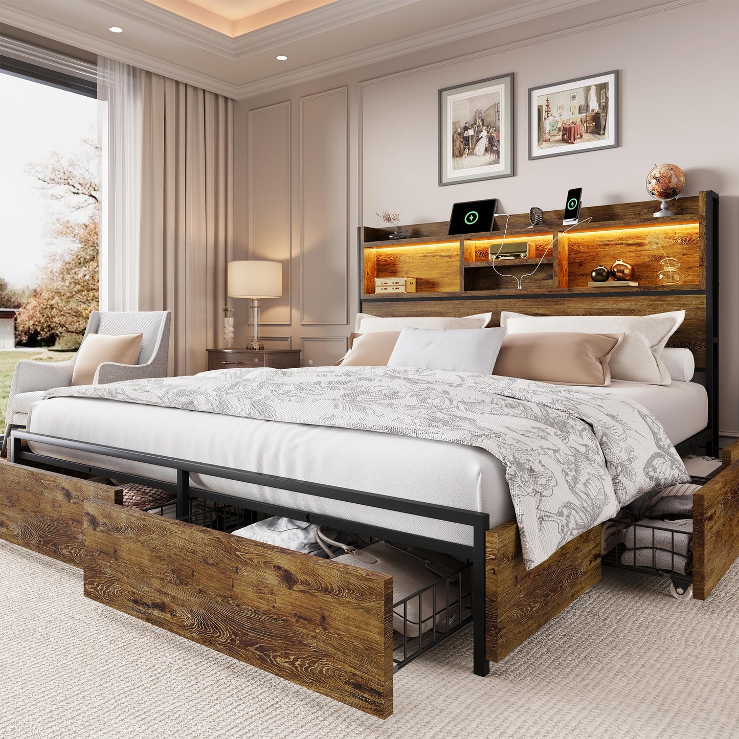 Wooden Platform Bed Frame with Storage Drawers, LED Headboard & Charging Station