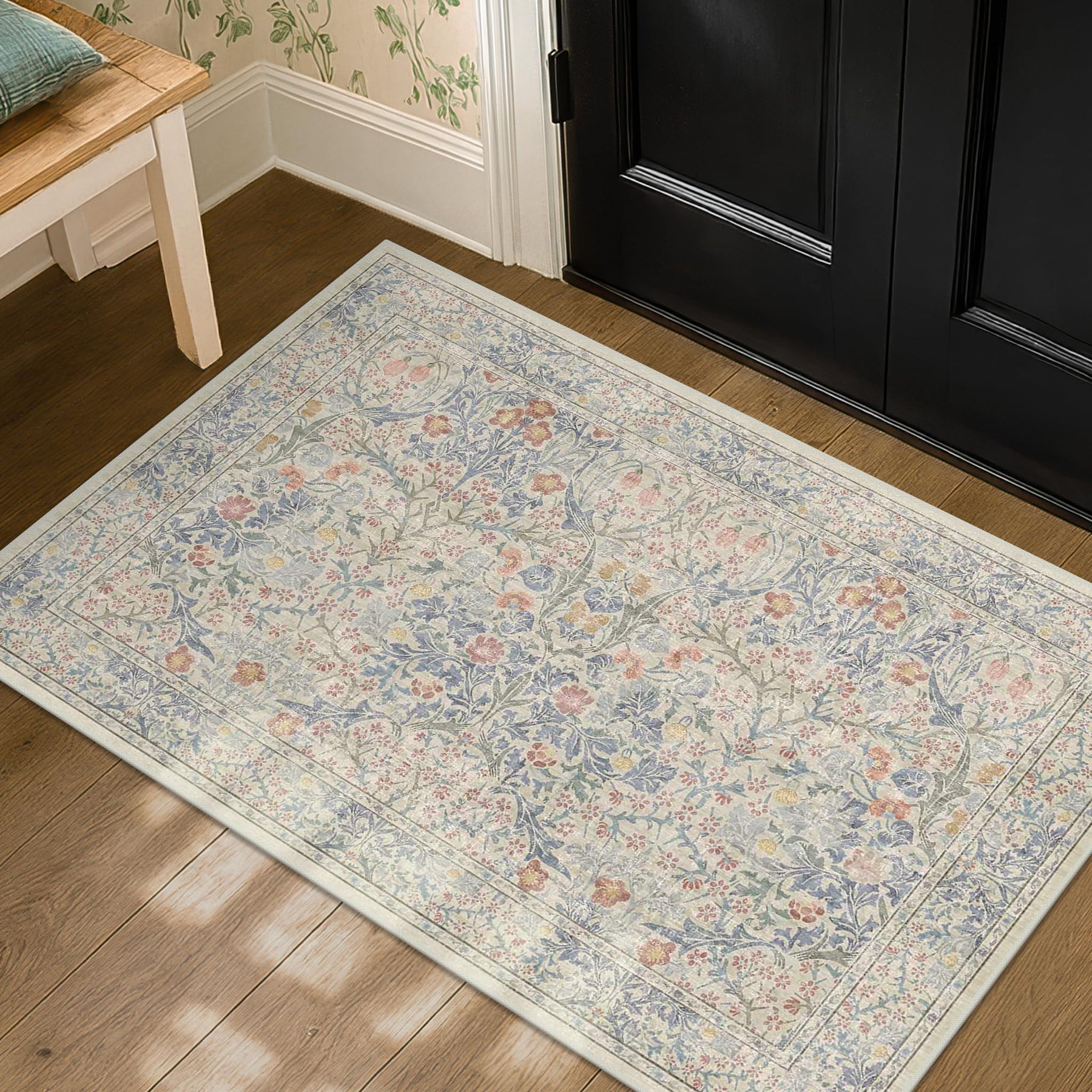 Vintage Washable Area Rug with Non-Slip Low Pile Design for Home Decor