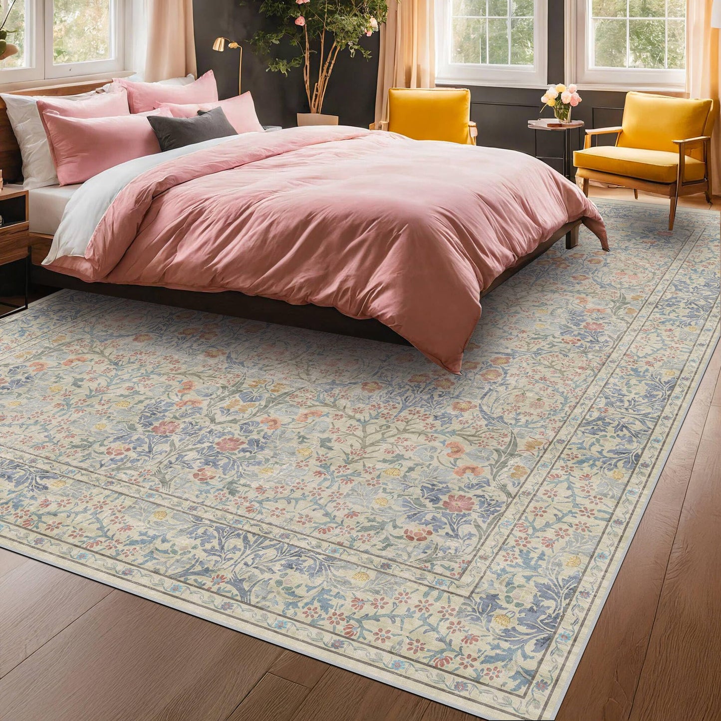Vintage Washable Area Rug with Non-Slip Low Pile Design for Home Decor