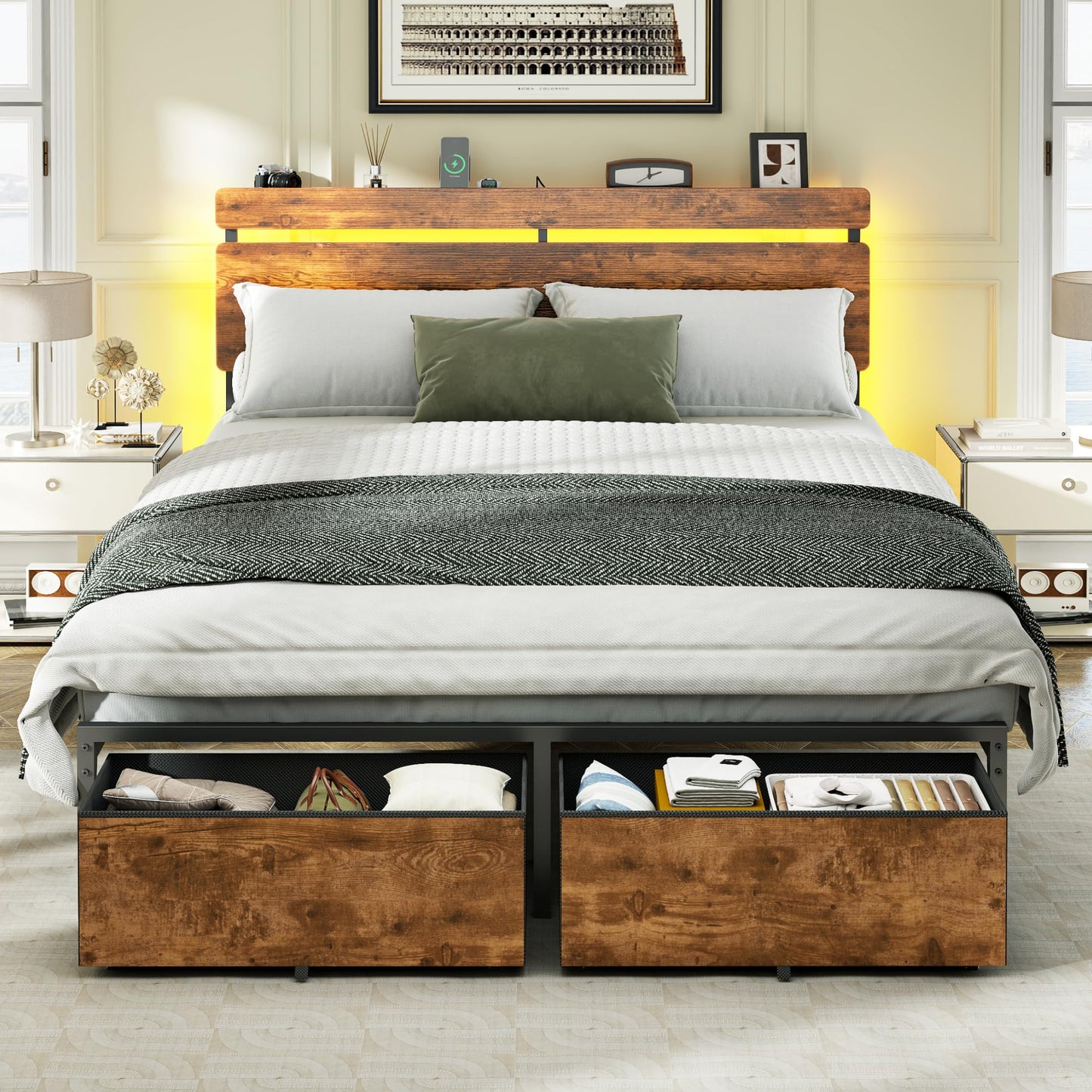 Forestell Bed Frame with Headboard, Platform Bed with 4 Storage Drawers
