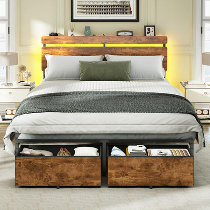 Forestell Bed Frame with Headboard, Platform Bed with 4 Storage Drawers
