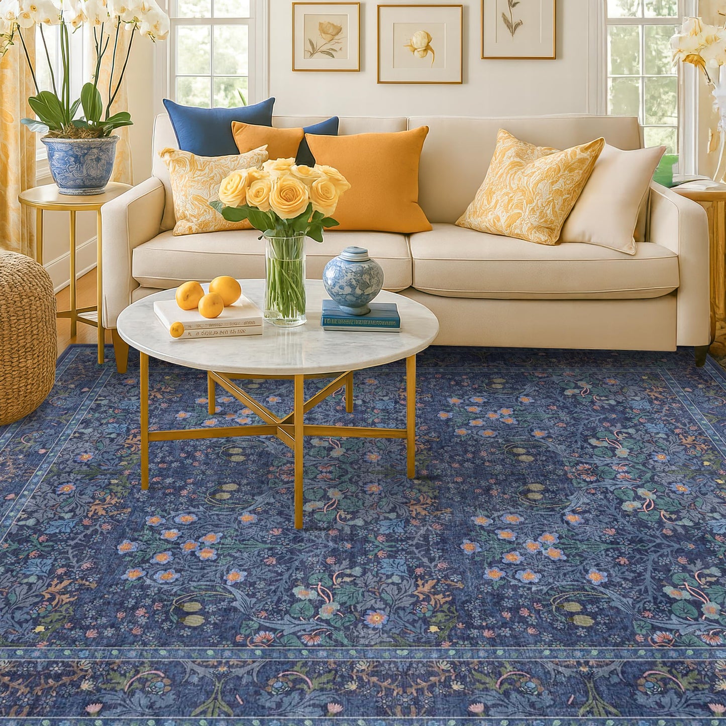 Vintage Washable Area Rug with Non-Slip Low Pile Design for Home Decor