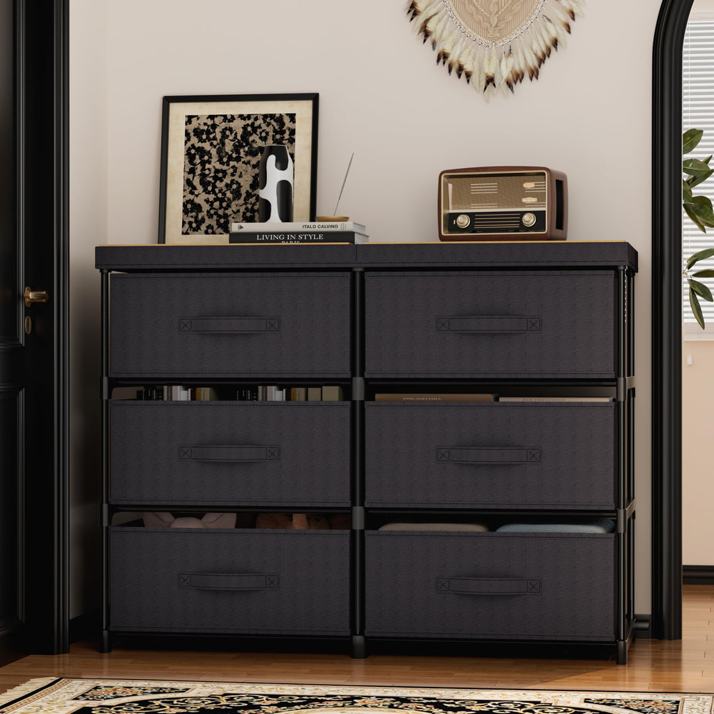 Metal Frame Storage Dresser with Fabric Drawers and Wood Top Shelf