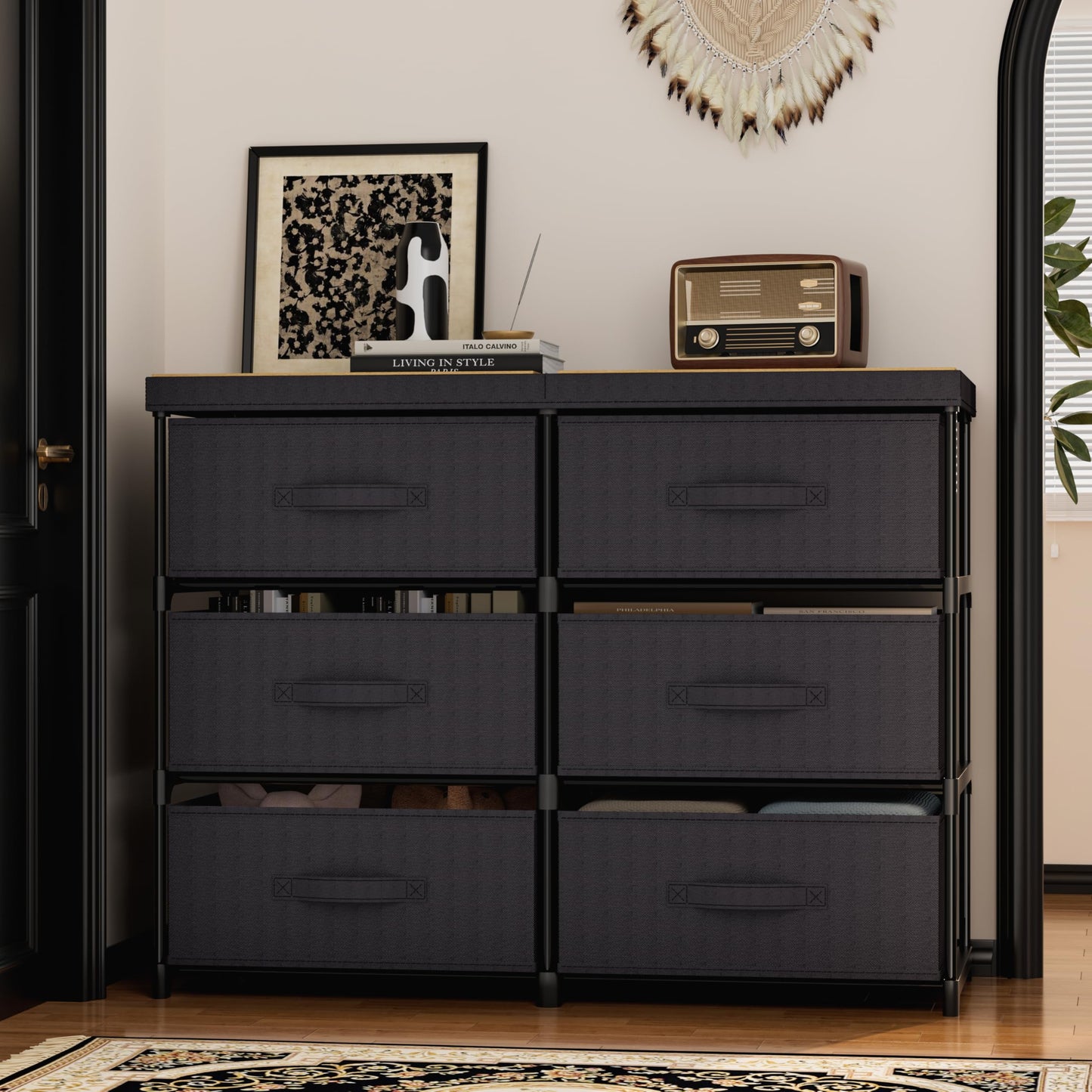 Metal Frame Storage Dresser with Fabric Drawers and Wood Top Shelf
