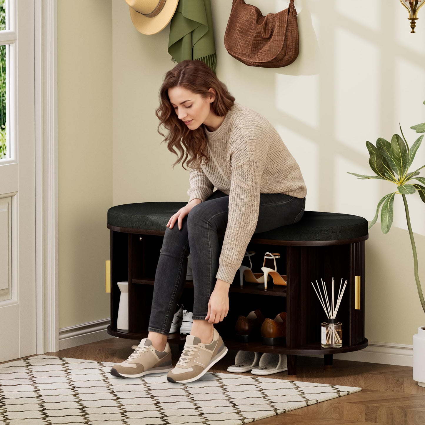 2-Tier Shoe Storage Bench with Padded Seat & Fluted Sliding Doors for Entryway