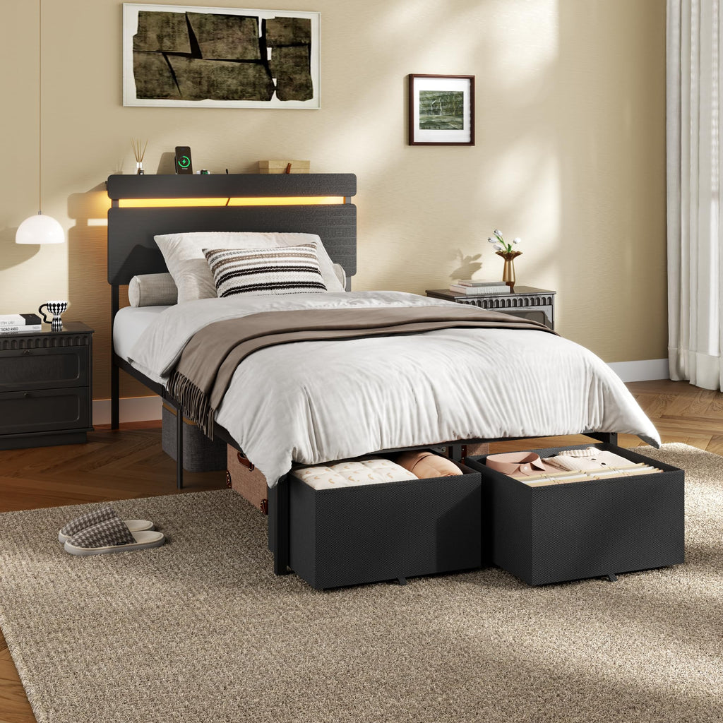 Forestell Bed Frame with Headboard, Platform Bed with 4 Storage Drawers