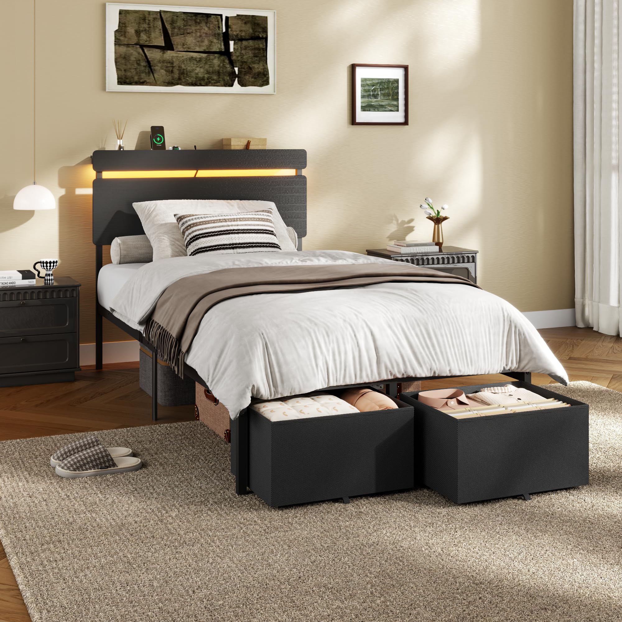 Forestell Bed Frame with Headboard, Platform Bed with 4 Storage Drawers