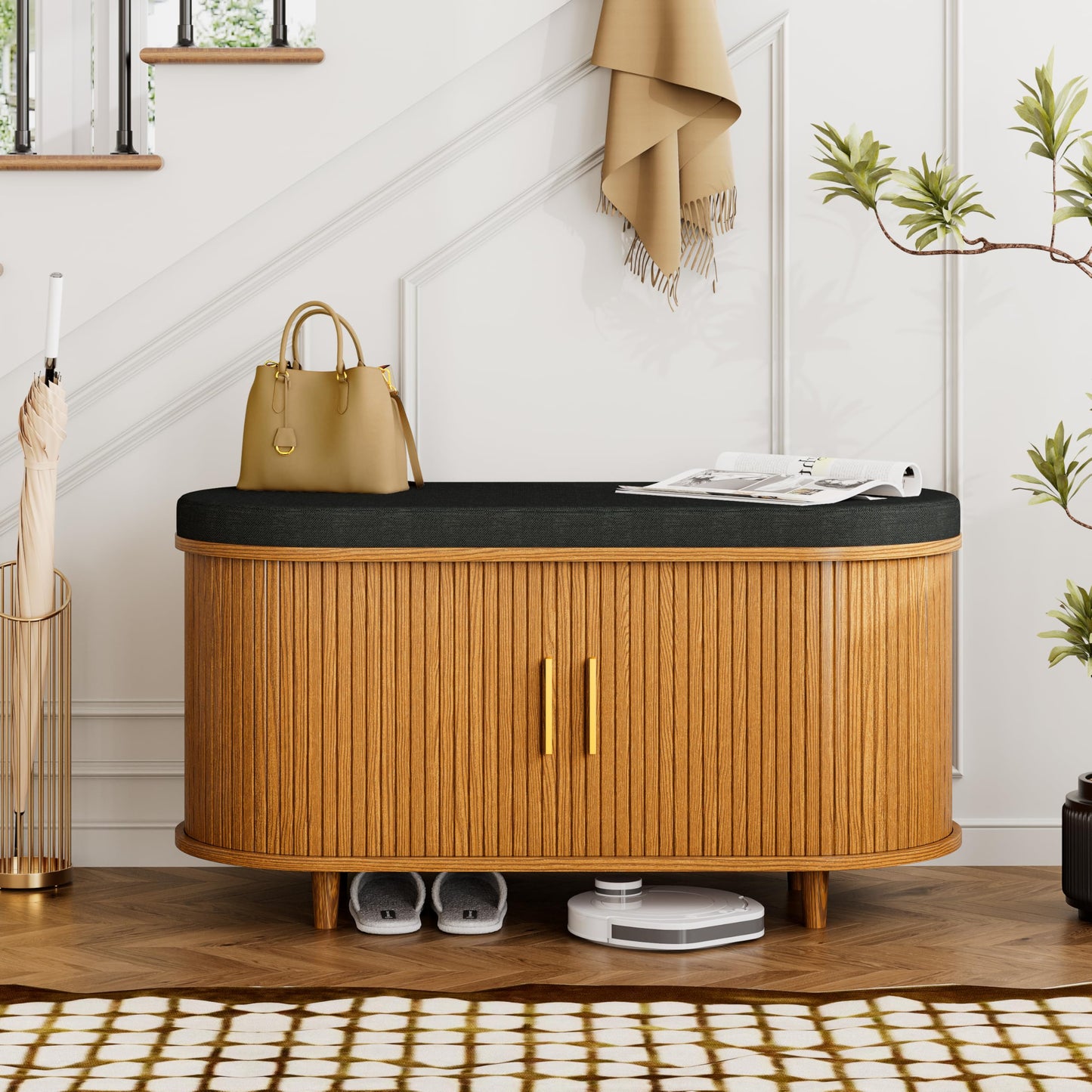 2-Tier Shoe Storage Bench with Padded Seat & Fluted Sliding Doors for Entryway