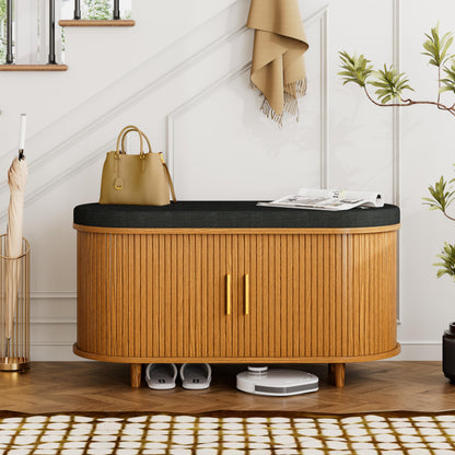 2-Tier Shoe Storage Bench with Padded Seat & Fluted Sliding Doors for Entryway