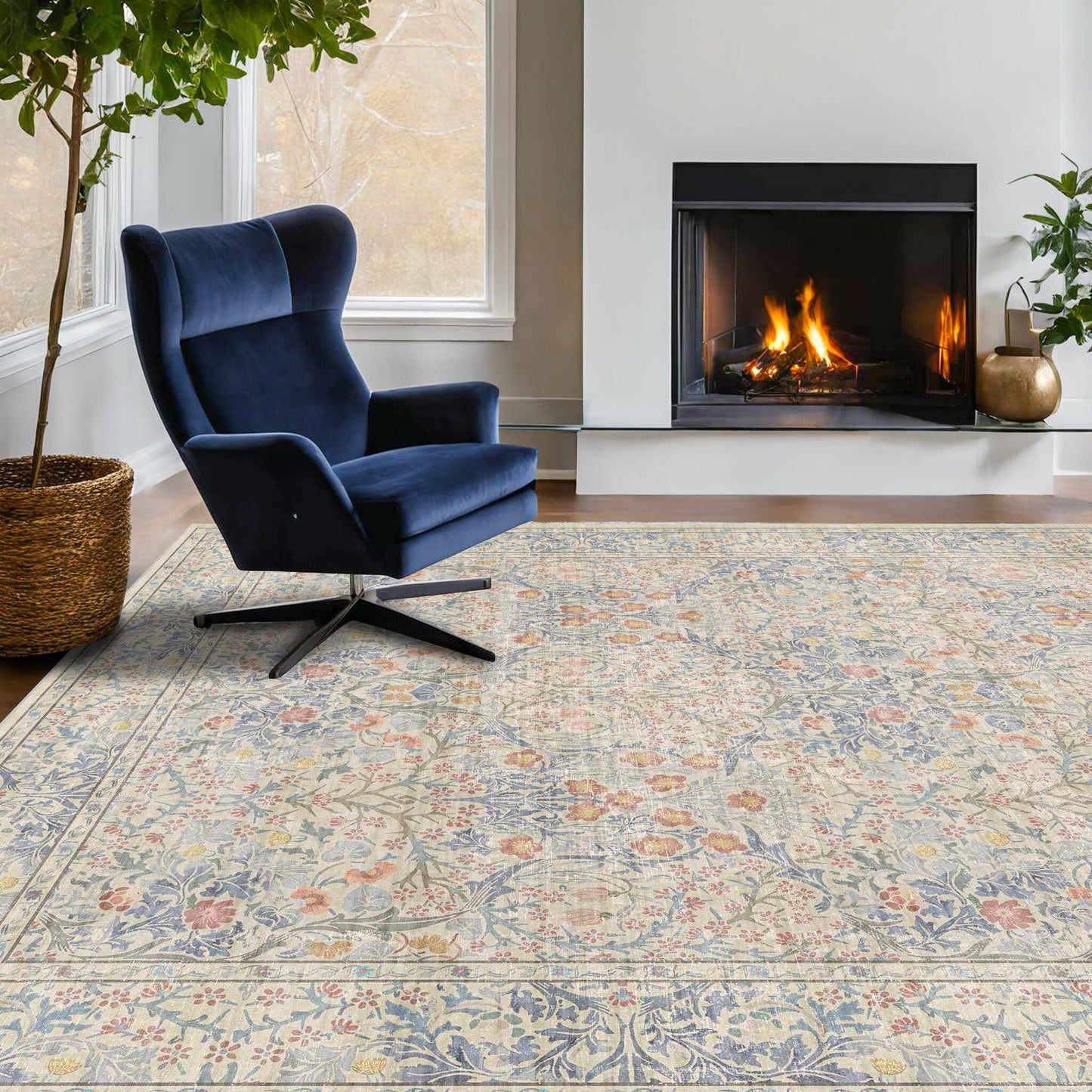 Vintage Washable Area Rug with Non-Slip Low Pile Design for Home Decor