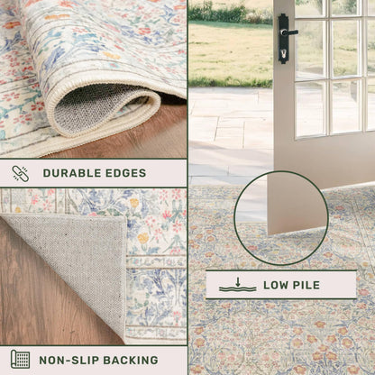 Vintage Washable Area Rug with Non-Slip Low Pile Design for Home Decor