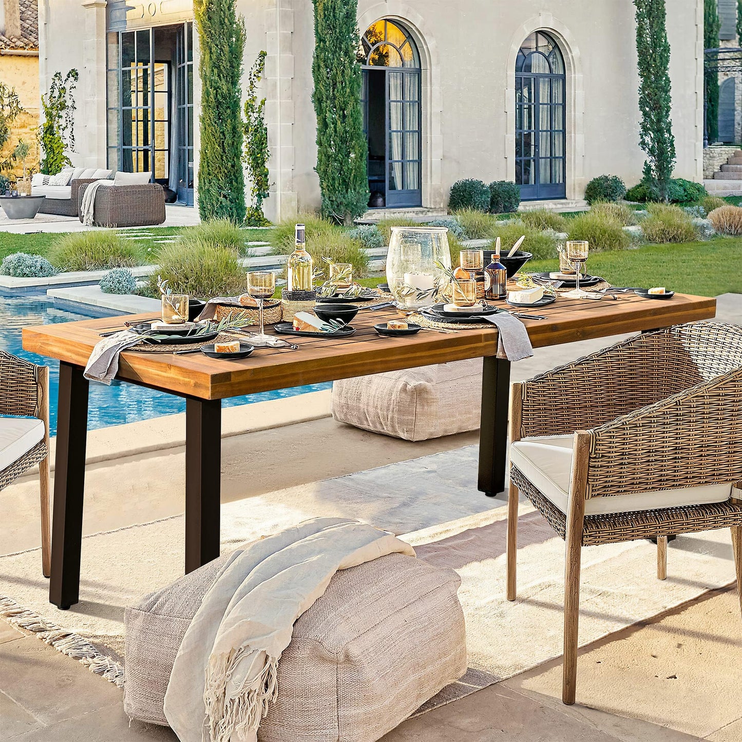 Acacia Wood Dining Table with Iron Legs for Indoor & Outdoor Spaces