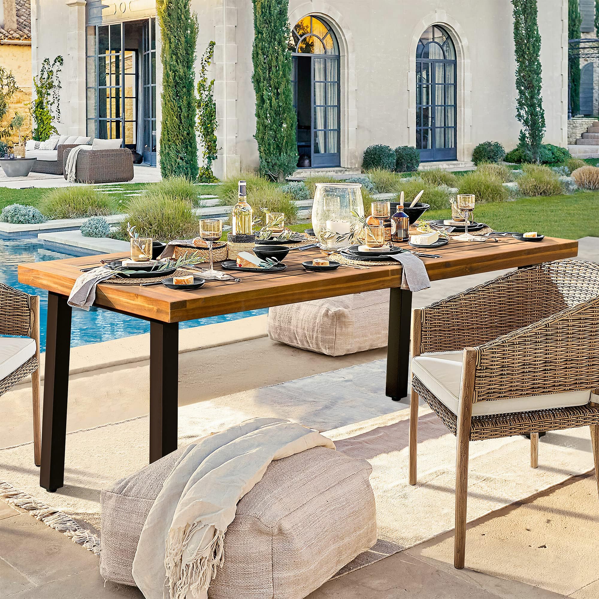 Acacia Wood Dining Table with Iron Legs for Indoor & Outdoor Spaces