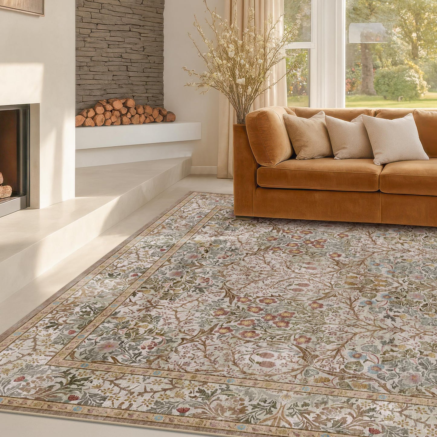 Vintage Washable Area Rug with Non-Slip Low Pile Design for Home Decor