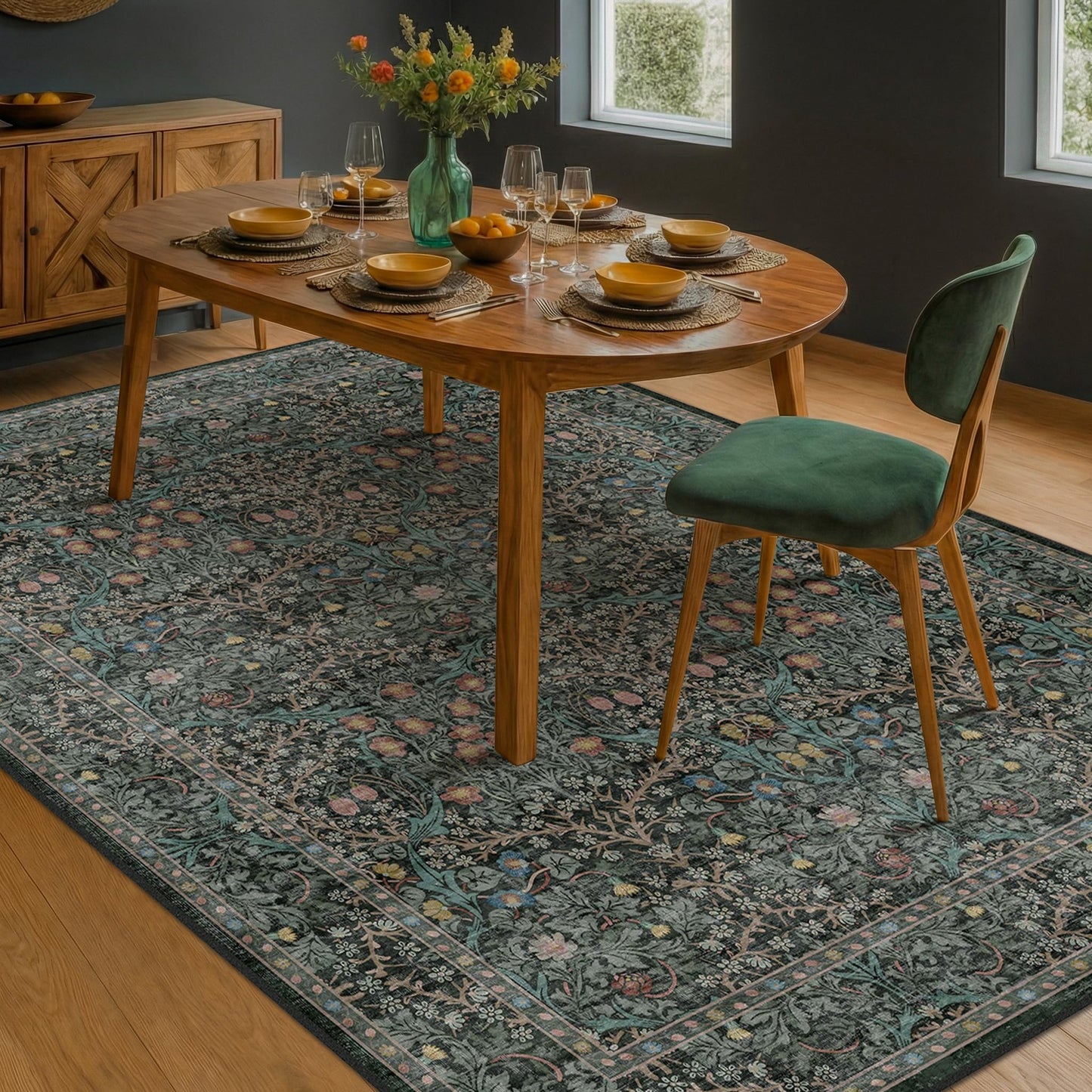 Vintage Washable Area Rug with Non-Slip Low Pile Design for Home Decor