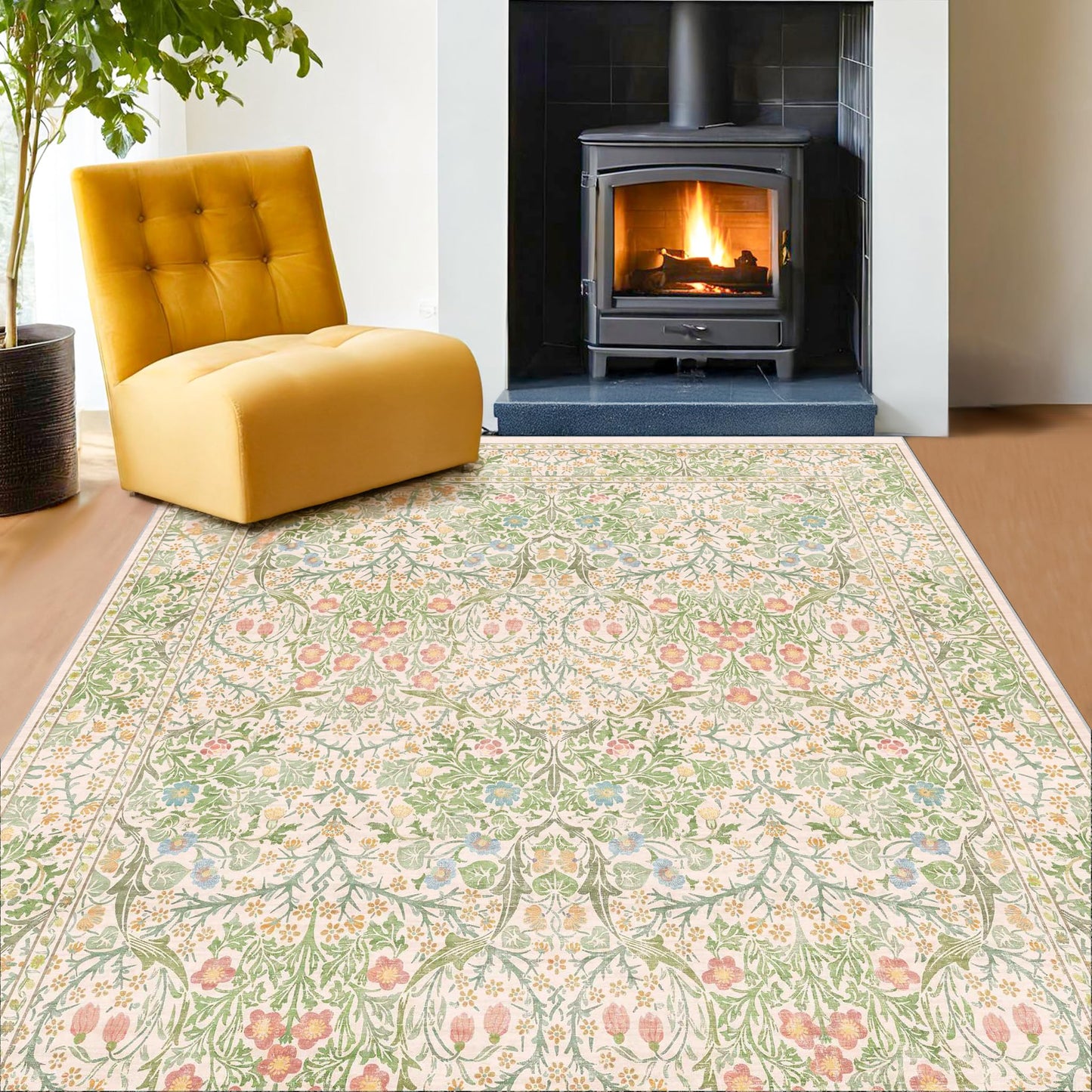 Vintage Washable Area Rug with Non-Slip Low Pile Design for Home Decor
