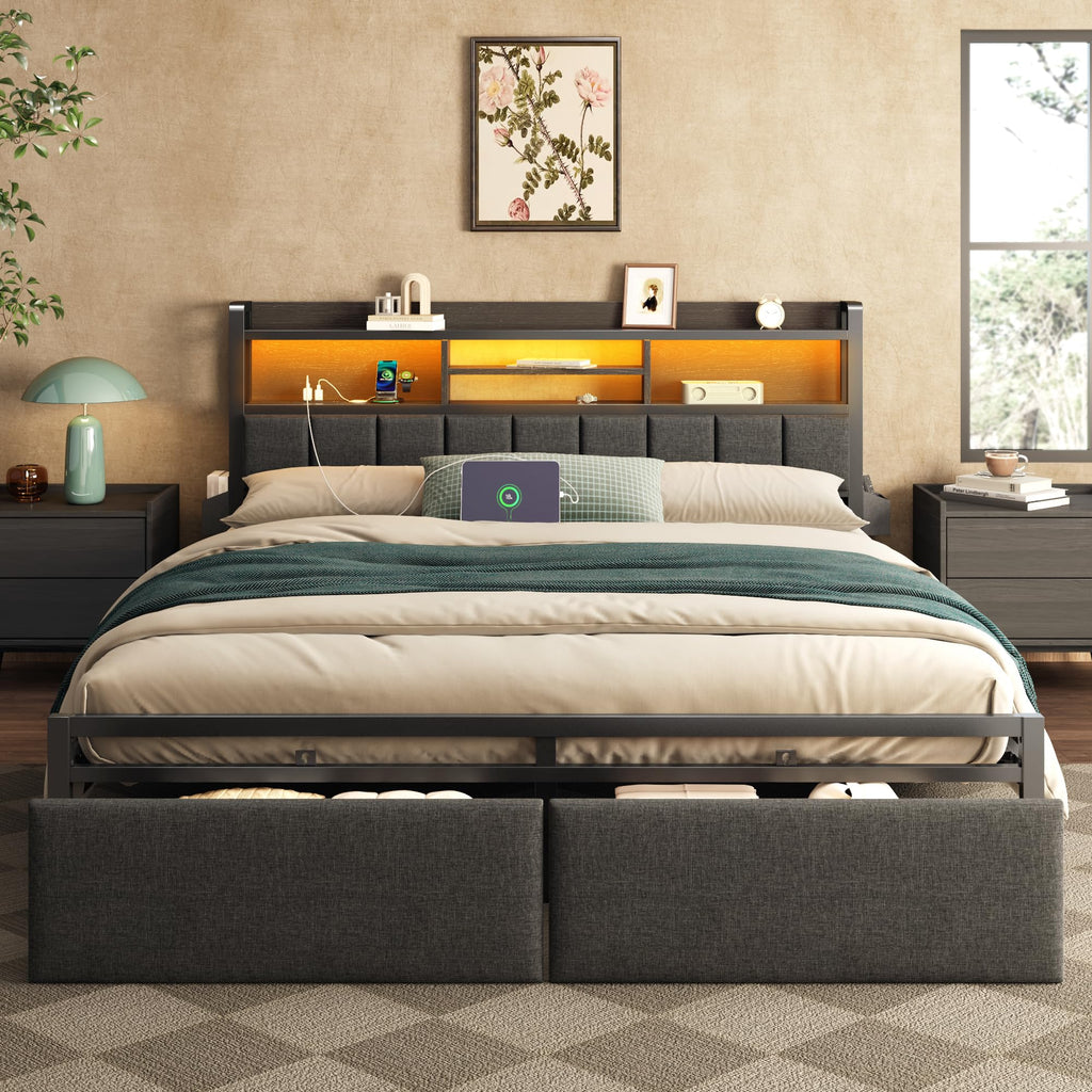 Upholstered Storage Bed Frame with LED Headboard & Charging Station