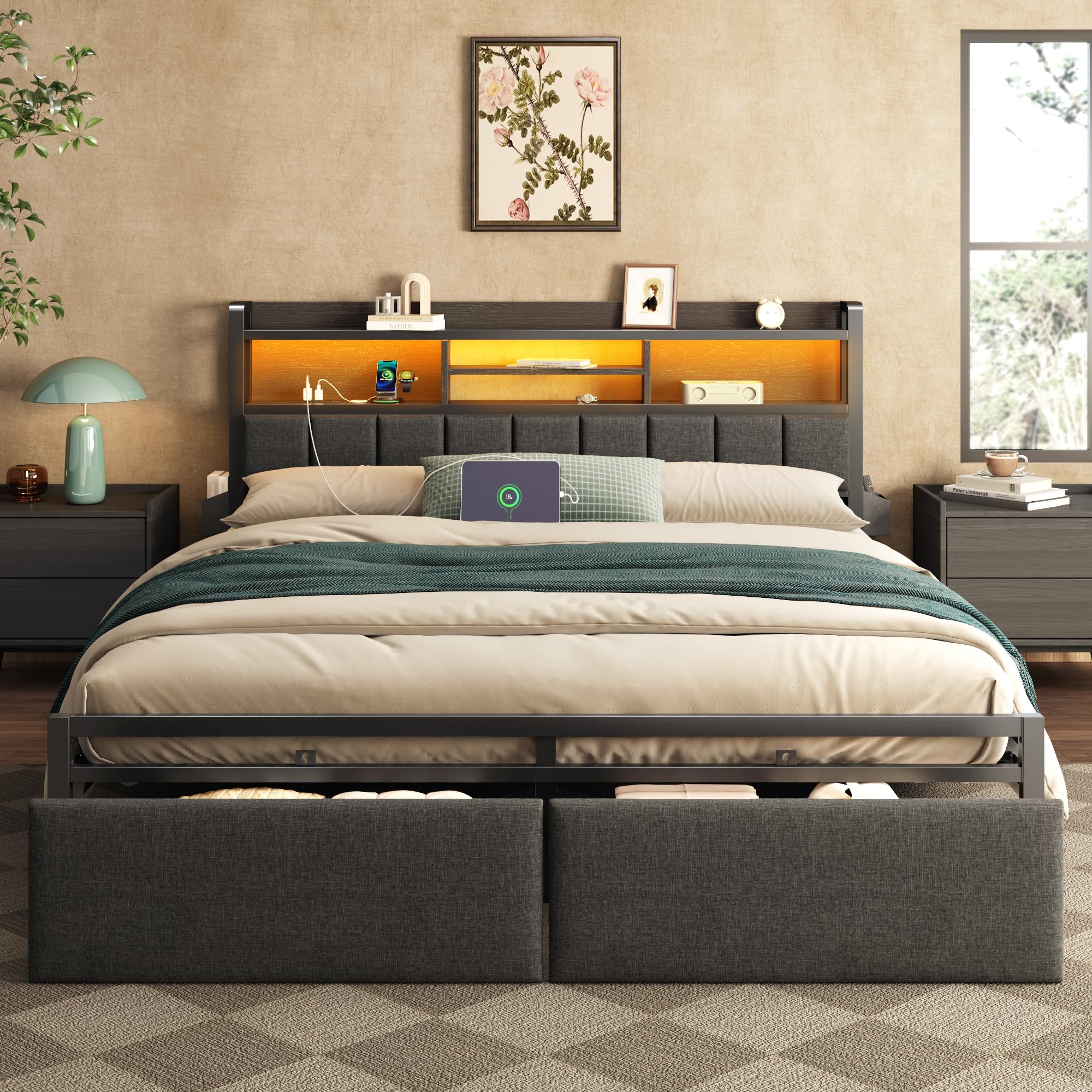 Upholstered Storage Bed Frame with LED Headboard & Charging Station