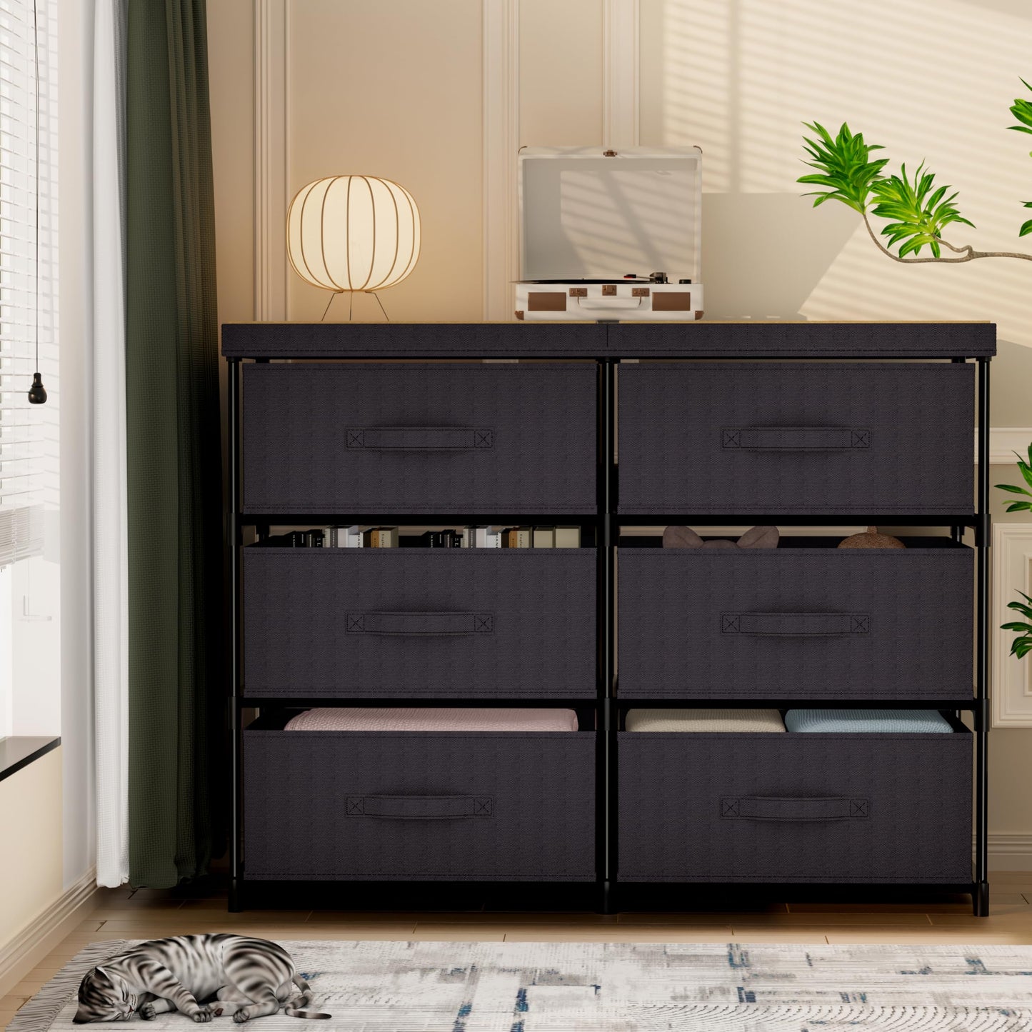 Metal Frame Storage Dresser with Fabric Drawers and Wood Top Shelf