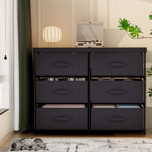 Metal Frame Storage Dresser with Fabric Drawers and Wood Top Shelf