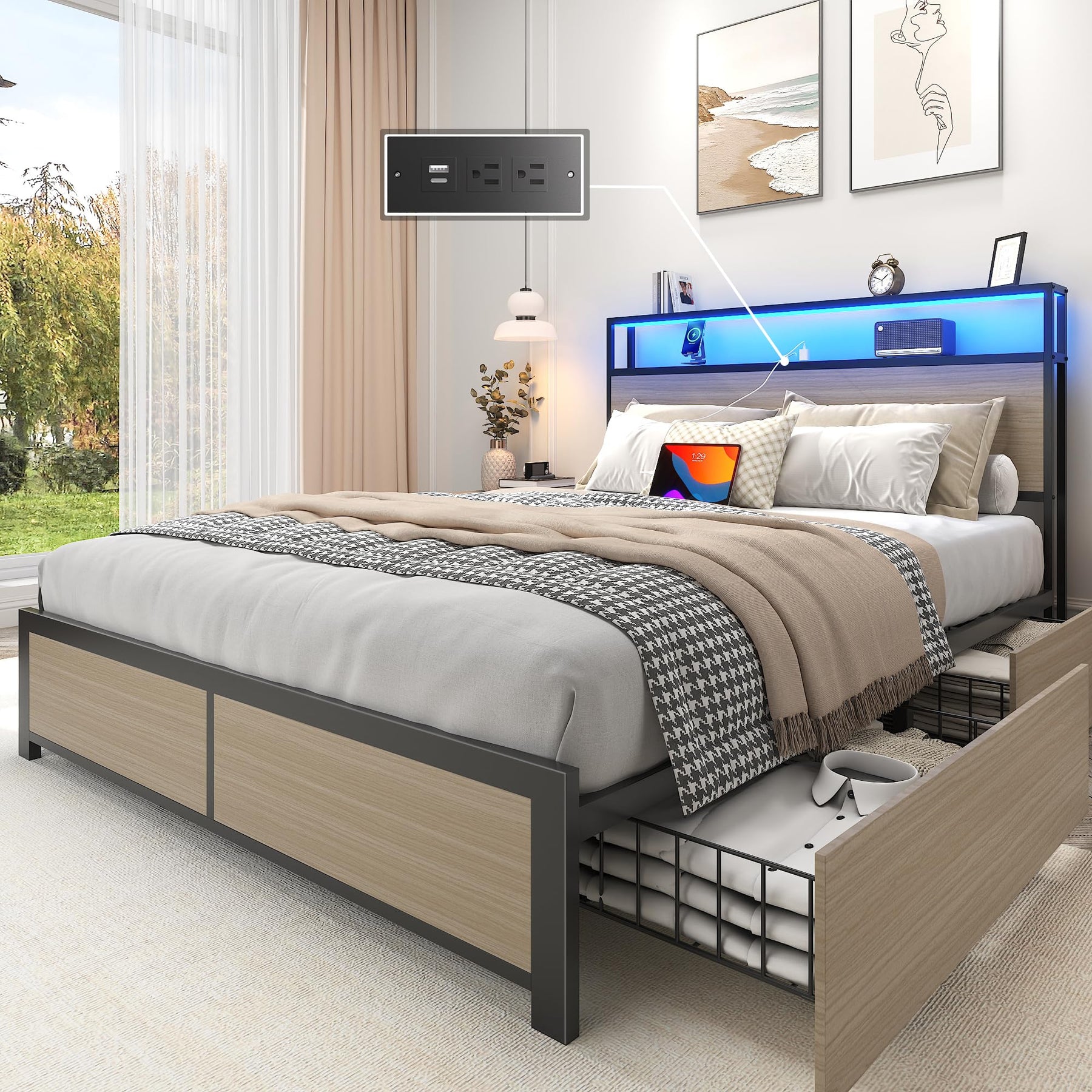 Queen Storage Bed Frame with LED Headboard & Charging Station