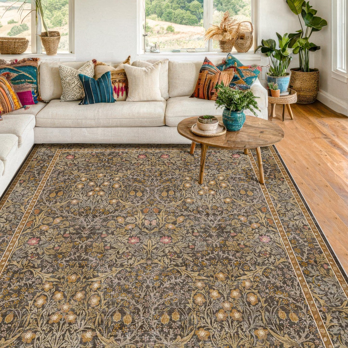 Vintage Washable Area Rug with Non-Slip Low Pile Design for Home Decor